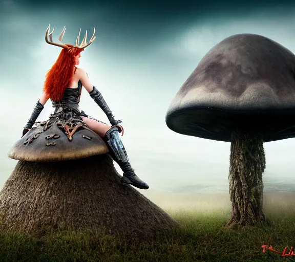 Image similar to a photo of an armored woman warrior redhead with antlers sitting on a giant mushroom that covers a whole village and reaches above the clouds by luis royo. intricate. lifelike. soft light. sony a 7 r iv 5 5 mm. cinematic post - processing