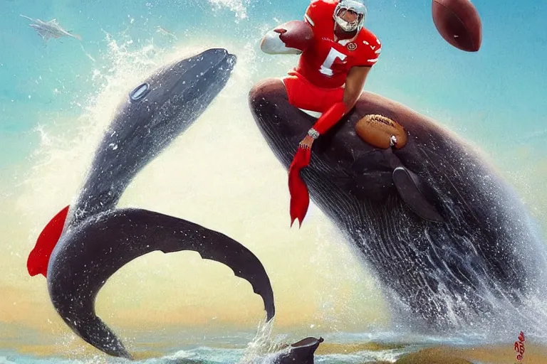 Image similar to a whale who loves patrick mahomes and the nfl by greg rutkowski, rossdraws, gil elvgren, enoch bolles, anime, very coherent