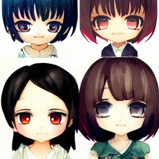 Prompt: portrait watercolor painting of nendoroid eyes kawaii chibi with black hair and hime cut in style of krenz cushart, ilya kuvshinov, pixiv key visual manga cover, POYOYONROCK