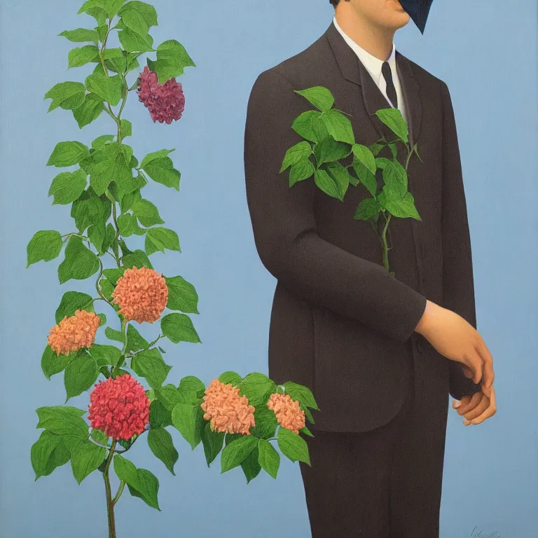 Image similar to portrait of man in a suit with flowers hiding his face by rene magritte, detailed painting, hd, hq, high resolution, high detail, 4 k, 8 k