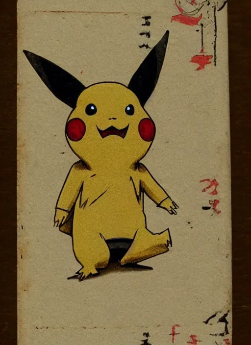 Image similar to creepy pikachu Pokémon card from the 1700s