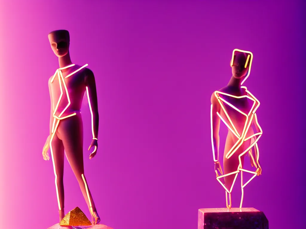 Image similar to beautiful mannequin sculpted out of amethyst by billelis + lit with geometric neon + kintsugi, facing a doorway opening with neon pink geometric light + gold geometric cubed bonsai trees, clean linework, dramatic, finely detailed, rule of thirds, moody, award winning, 4 k, trending on artstation, photorealistic, volumetric lighting, octane render