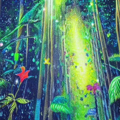 Prompt: bright tropical forest, sparkling spirits, detailed wide shot, crayon, ground detailed, wet eyes reflecting into eyes reflecting into infinity, beautiful lighting