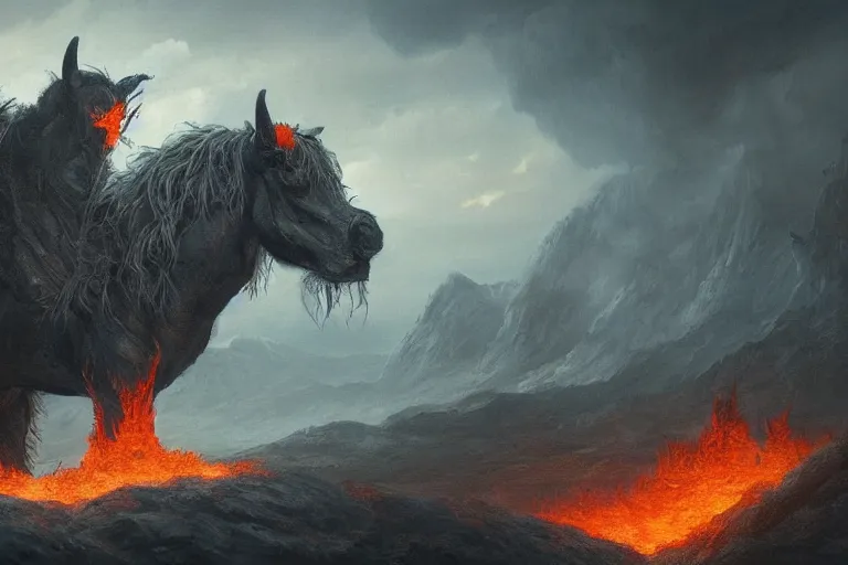 Image similar to fine art painting of a nightmare in a hellish landscape, flaming hooves and burning eyes, artstation, cgsociety, very detailed, intricate, masterpiece, stunning, romanticism