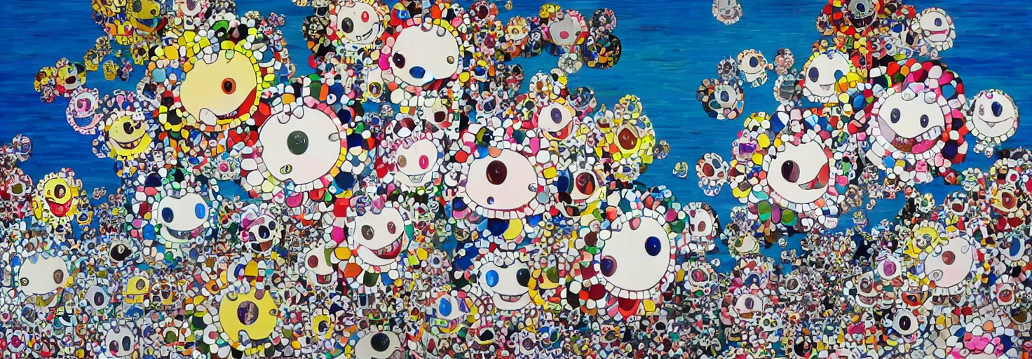 Image similar to girls on the sea, painted by takashi murakami in punk style, high quality, 8 k