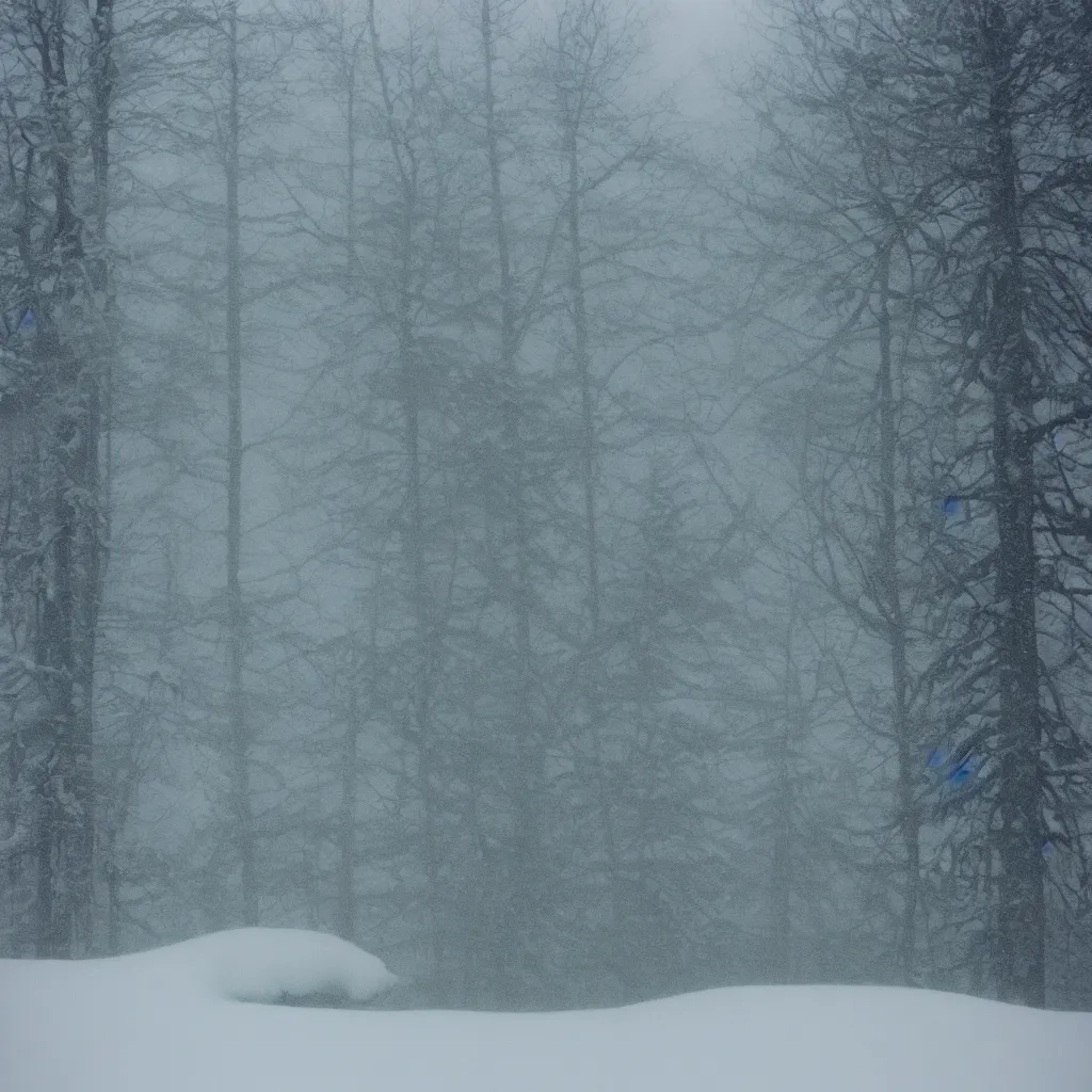 Image similar to photo, bigfoot is hiding in the background. cold color temperature, snow storm. hazy atmosphere. humidity haze. kodak ektachrome, greenish expired film, award winning, low contrast