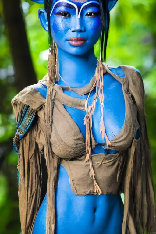 Image similar to a Vietnamese woman dressed as a blue-skinned female navi from avatar standing in a forest, blue body paint, high resolution film still, 8k, HDR colors, cosplay, outdoor lighting, high resolution photograph, photo by bruce weber, beautiful symmetric face