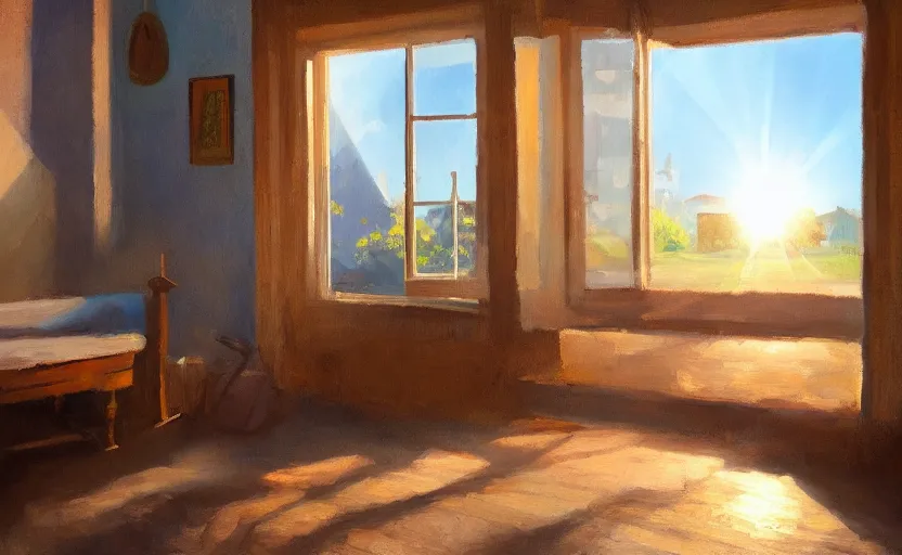 Image similar to rays of the morning sun shining through the window of the village house. very beautiful, clear sky, warm shiny colors, oil painting, high detail, trending on artstation