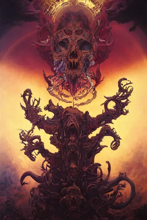 Image similar to gigantic psychedelic demonic cosmic skull of death and hell fire, fantasy painting, ultra realistic, wide angle, art nouveau, intricate details, rainbowshift, vivid colors, highly detailed by peter mohrbacher, h. r. giger, maxfield parrish, gustave dore, craig mullins, octane render, cgi