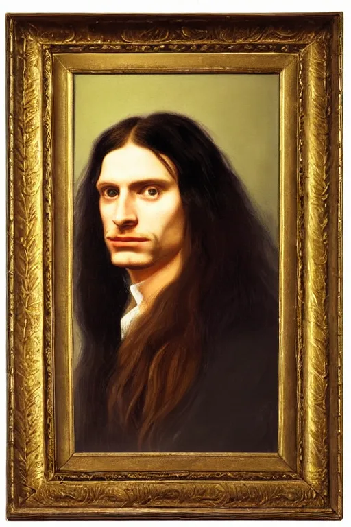 Image similar to a painting of a man with long hair, a portrait by Robert Lenkiewicz, cg society, pre-raphaelitism, da vinci, studio portrait, oil on canvas