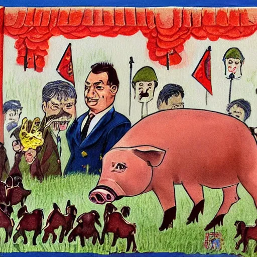 Image similar to pig slaughter with hungarian prime minister viktor orban, highly detailed children book illustration from 1 9 7 0
