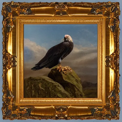 Prompt: chief fearless vulture of the pilodour dynasty, oil painting circa 1 4 2 5, ornate wooden frame, matte painting, rule of thirds, rendered in octane, rendered in vray, rendered in arnold, insanely detailed, photorealistic, cinematic, global illumination