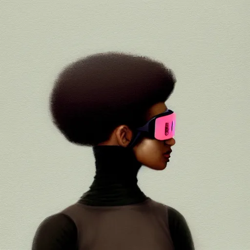 Image similar to Beautiful woman wearing opaque reflective goggles profile picture by Greg Rutkowski, brown skin, long afro hair, asymmetrical, futuristic, cool colors, streetwear, studio ghibli, Organic Painting , Matte Painting, geometric shapes, hard edges, street art, trending on the artstation, fantasy LUT, realistic by Sachin Teng + Martin Grip + Moebius, techwear, Industrial Scifi, detailed illustration, character portrait,