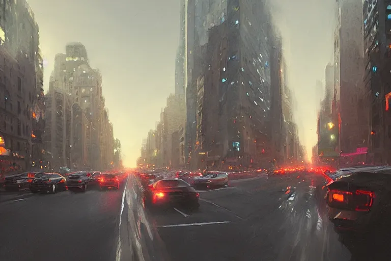 Image similar to beautiful matte painting traffic jam on the streets of neo new york in evening by greg rutkowski, 4 k, extreme details