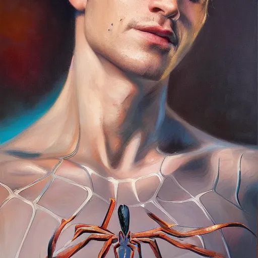Prompt: stunning serene portrait of Spiderman by Mark Arian, oil on canvas, masterpiece, realism, piercing gaze, autumn bokeh