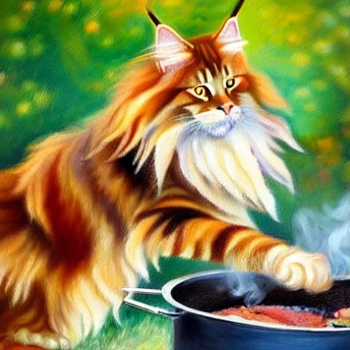 Image similar to beautiful impressionist painting of an ginger maine coon with a white beard cooking some sausages on a pan