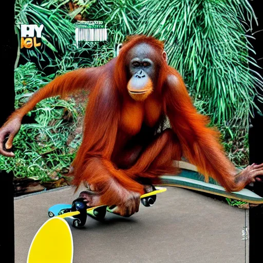 Image similar to an orangutan riding a skateboard on a half pipe, 9 0 s magazine, hype, award winning, highly detailed, high quality, high resolution