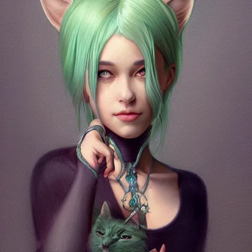 Image similar to ultra realistic illustration, dream girl with white hair, with light green eyes, with cat ears, in a sundress, intricate, elegant, highly detailed, digital painting, artstation, concept art, smooth, sharp focus, illustration, art by artgerm and greg rutkowski and alphonse mucha