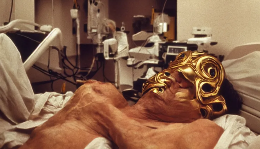 Prompt: 70s movie still of a man wearing gold spiral mask in hospital, eastmancolor, heavy grain, high quality, higly detailed, liminal space