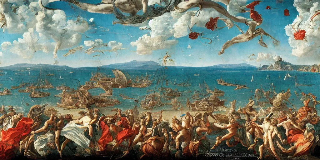 Prompt: tilt shift view, gulf, italian, Naples, Pompeian, Athene, whale, narval, poseidon, naval battle, italian masterpiece, faberge, wind, sky in background, wind rose, Ashford Black Marble, sculpture, baroque, draped with red Hibiscus and vines and spines, puffy clouds, suns, moons, drapes, armour, medieval globe, glass, portrait, kraken, mermaid, nautilus, pinecone, octopus, render, artstation, ultra detailed