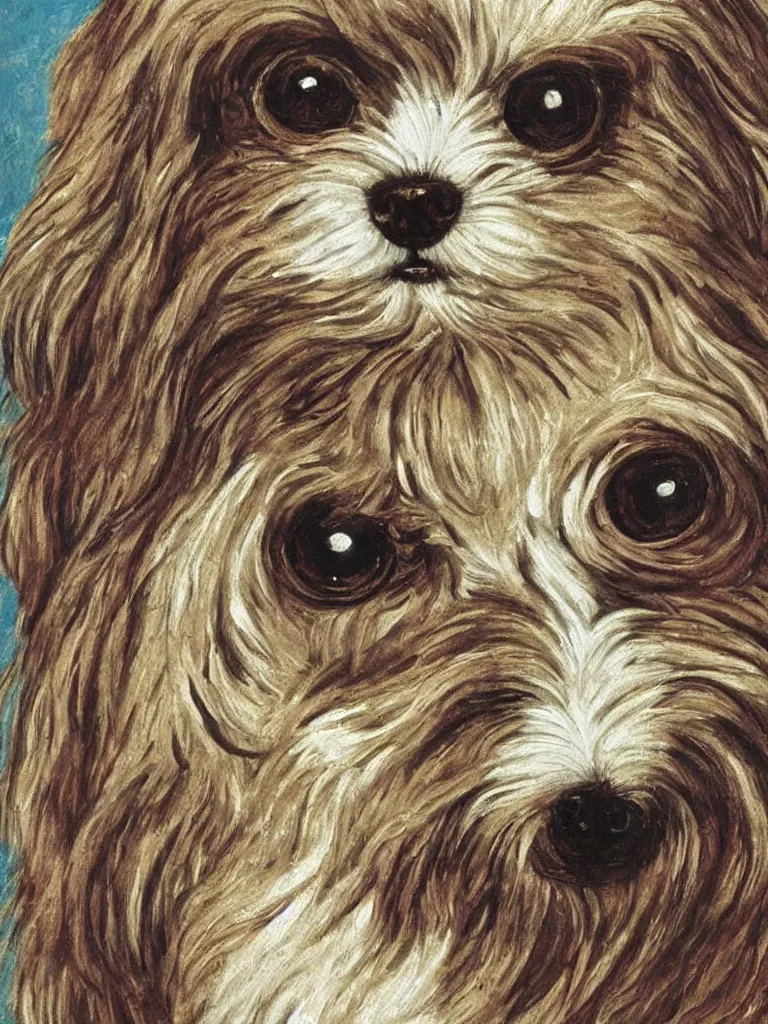 Prompt: a cream colored havanese dog with very large eyes, surreal, painting by louis wain