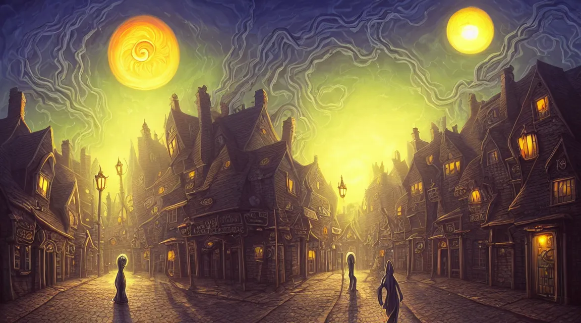 Prompt: cthulhu visits a lovecraftian town square surrounded by houses and inns. lovecraft. cthulhu. lovecraftian city at sunset by cyril rolando and naomi okubo and dan mumford and ricardo bofill. lovecraftian cthulhu. cobbled streets. oil lamp posts. lovecraftian landscape. sunset swirly sky.