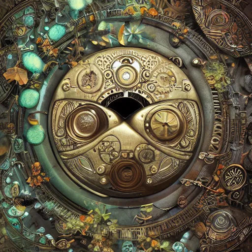 Image similar to a beautiful intricate fine art RPG portrait photo of a mechanical industrial steampunk cybernetic yin yang symbol, overgrown with morning glory flowers, montsera leaves by anna dittman and zach sutton, golden ratio composition, studio lighting, 50mm lens, very detailed, bionic, cybernetic scifi, deep depth of field, artstation, 8K, highly coherent