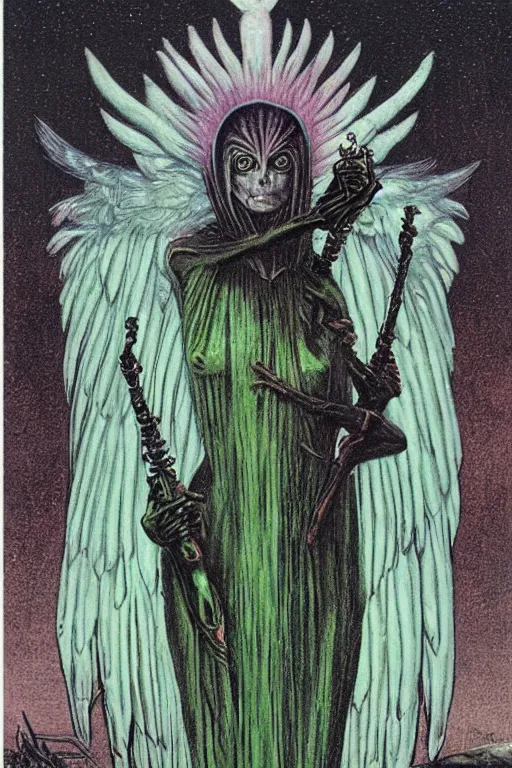 Prompt: creepy tarot card of a female green winged angel with talon feet by wayne barlowe