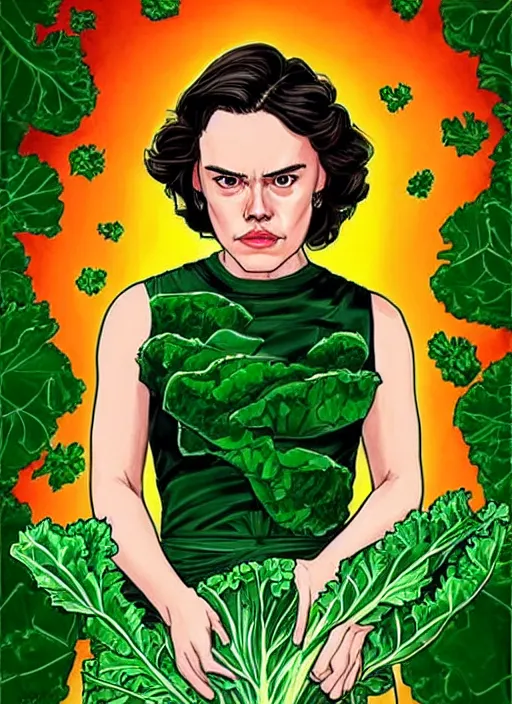 Prompt: portrait of daisy ridley as kale!!!!!!