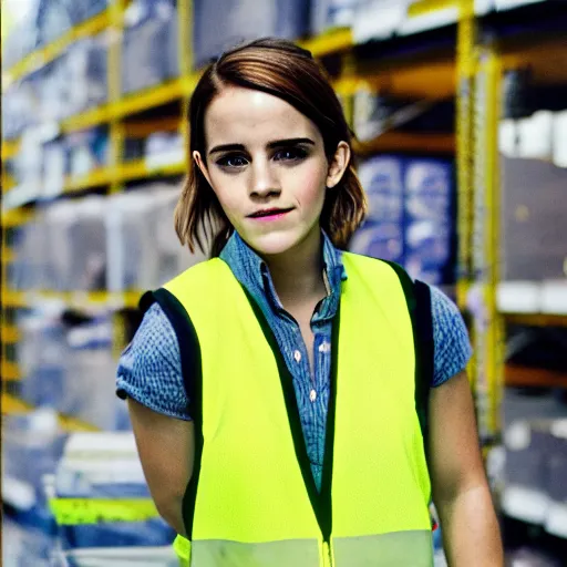 Prompt: photo, close up, emma watson in a hi vis vest, in amazon warehouse, portrait, kodak gold 2 0 0,