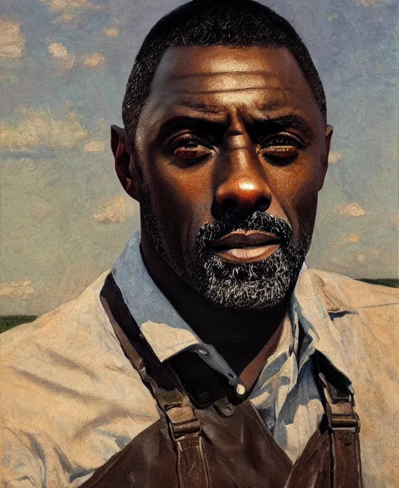 Image similar to portrait of idris elba as a kansas farmer, art by denys tsiperko and bogdan rezunenko and thomas eakins, hyperrealism