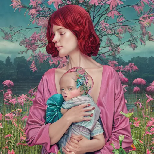 Prompt: pretty mother with child in arm with lilies : : by martine johanna and simon stalenhag and chie yoshii and casey weldon and wlop : : ornate, dynamic, particulate, rich colors, intricate, elegant, highly detailed, vogue, harper's bazaar art, fashion magazine, smooth, sharp focus, 8 k, octane render