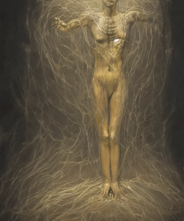 Image similar to Beautiful full-body wax sculpture of a glowing transparent woman with visible golden bones inside room without doors and windows in the singularity where stars becoming baroque folds of dark matter by Michelangelo da Caravaggio, Nicola Samori, William Blake, Alex Grey and Beksinski, dramatic volumetric lighting, highly detailed oil painting, 8k, masterpiece