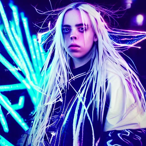 Prompt: beautiful portrait of amazing billie eilish in the street, explosion of neon lights, close up, 5 0 mm lens, model photography derailed realistic