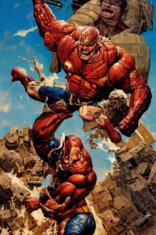 Image similar to dynamic action shot full body and head portrait of dave bautista as marvel superhero juggernaut smashing through wall, painted by norman rockwell and phil hale and greg staples and tom lovell and frank schoonover and jack kirby, dune 1982 movie