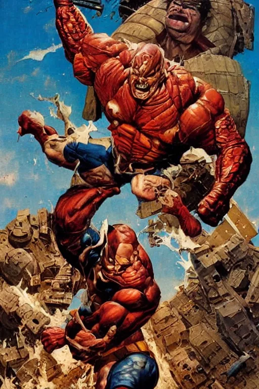 Prompt: dynamic action shot full body and head portrait of dave bautista as marvel superhero juggernaut smashing through wall, painted by norman rockwell and phil hale and greg staples and tom lovell and frank schoonover and jack kirby, dune 1982 movie