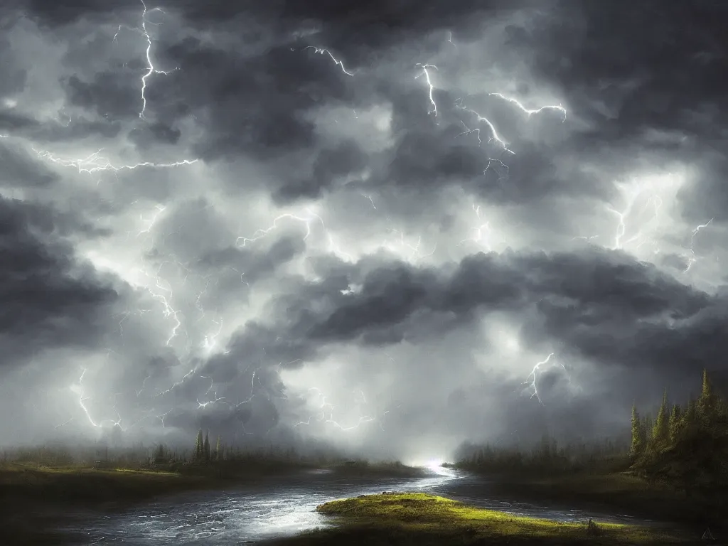 Image similar to a dark storm closes in over a river, lightning and rain, digital painting, fantasy, art by alexandre mahboubi and christophe oliver