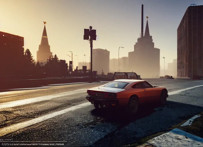 Prompt: gta in moscow, playstation 5 screenshot, symmerical, mega details, golden hour, fog, beautiful rtx reflections, brutalism buildings, photorealistic, unreal engine 5, octane render, volumetric light, cg society, 4 k, bokeh, lada car, artstation