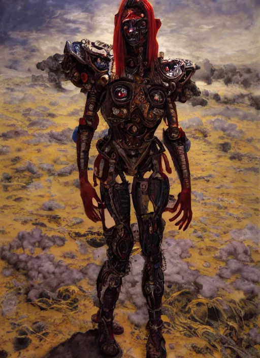 Image similar to portrait of a diabolical cyborg clown warrior girl, torn cape, adaptive armor, dynamic pose, heavy eyes to the side, ancient ruins, glowing veins subsurface scattering, in clouds, sunset, portrait, by gerald brom, by mikhail vrubel, by peter elson, muted colors, extreme detail, reflections, trending on artstation, 8 k