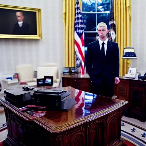 Image similar to Eminem in the president's office in the White House, photorealistic, high definition, cinematic lighting,