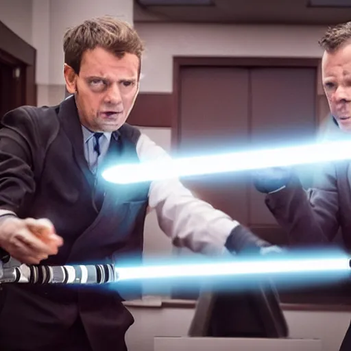 Image similar to a lightsaber battle between two lawyers in a courtroom, photograph, 8k, professional