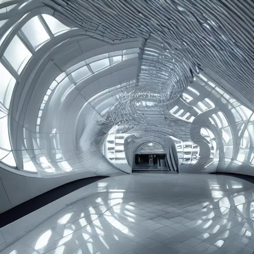 Image similar to extremely elegant detailed stunning beautiful futuristic museum lobby interior by Zaha Hadid