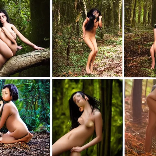 Prompt: a collection of photos of beautiful and sensual women posing for a photoshoot in a forest, 2 1 0 mm, ultraviolet lens, high - definition