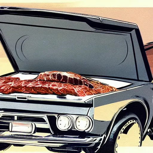 Image similar to concept art for a car with meat smoker trunk, illustrated by syd mead, high quality