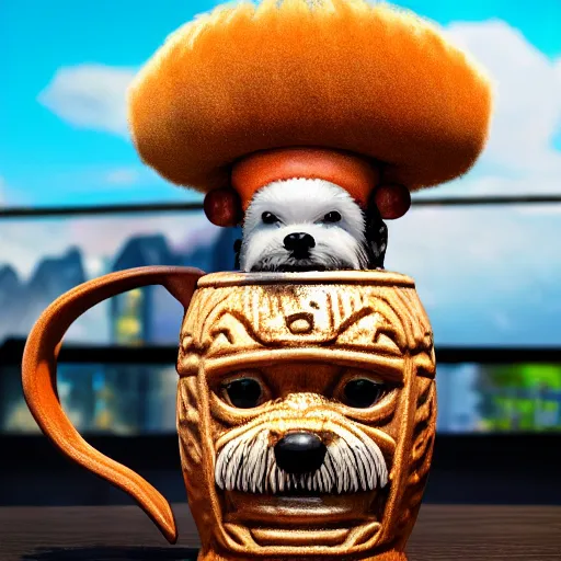 Image similar to a photorealistic photograph of a Trader Vic's Tiki Mug featuring a Bichon Frisé puppy at bar Trending on Artstation, featured on Behance, well-rendered, Unreal Engine, 4K HD