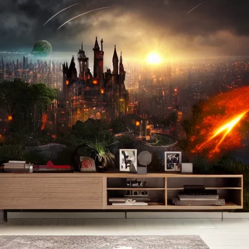 Image similar to sprawling view of gothic city under meteor rain, fantasy