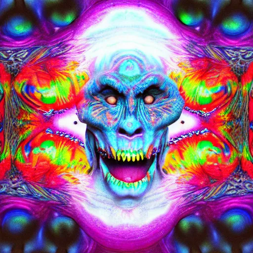 Image similar to a realistic detailed studio portrait photo of a monster, psychedelic