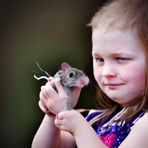 Prompt: ratcatcher 2 as a little girl, holding a cute rat in her hands, photo taken on a nikon, very detailed, 4k