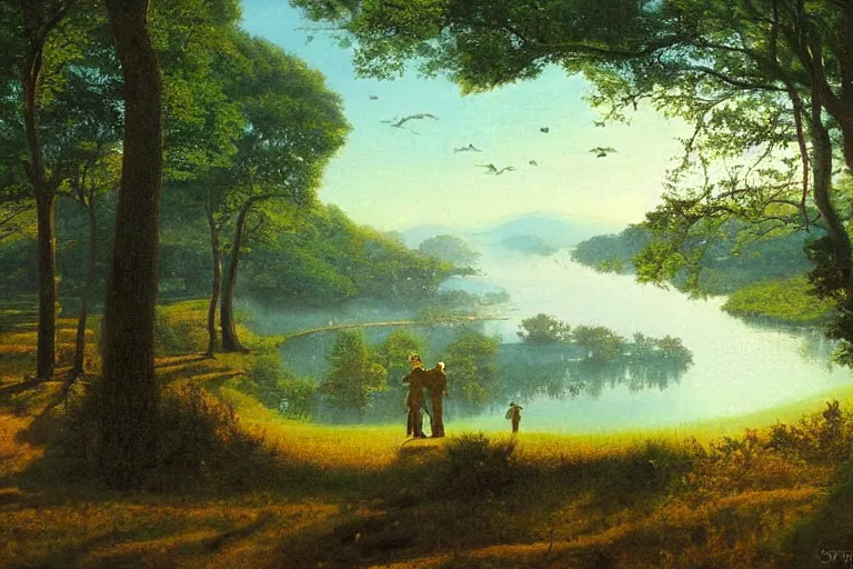 Image similar to the matrix film vista painted in style of hudson river school