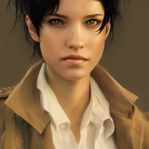 Image similar to upper body portrait of a girl from final fantasy live action, with short black hair and green eyes in a tan trenchcoat, award winning, masterpiece digital painting by greg rutkowski, alex grey, artstation, 4 k wallpaper,